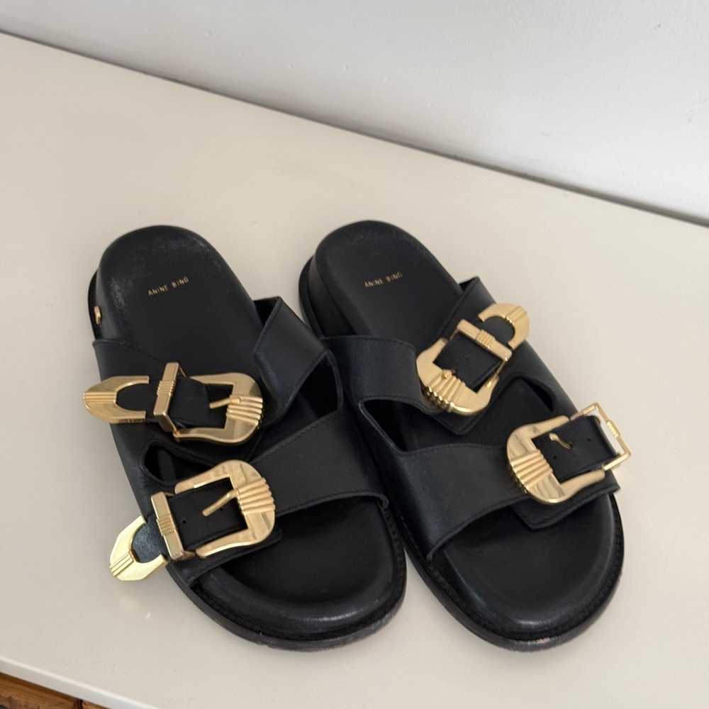 ANINE BING Buckled Leather Black Slide Sandal